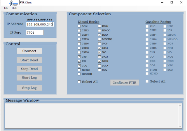 A screen shot of the FTIR software screen featuring the Communication and Component sections.